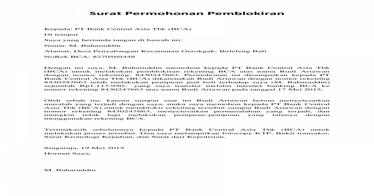 Contoh Surat Kuasa Pemblokiran Atm - Kumpulan Contoh Surat dan Soal