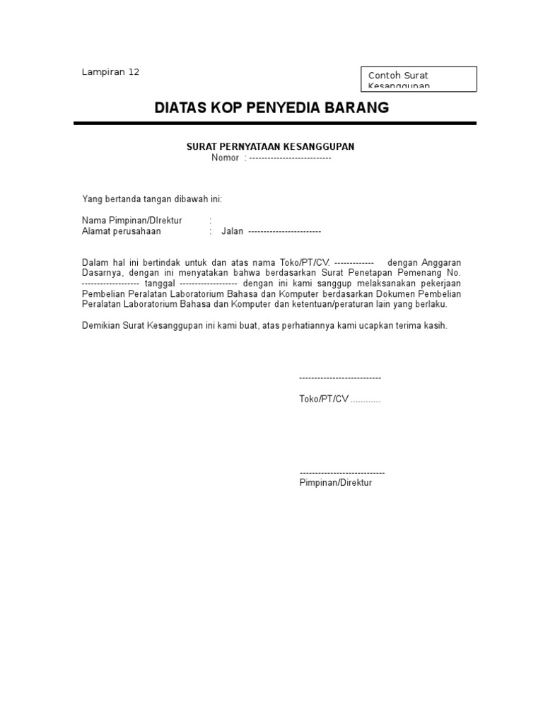 Contoh Surat Pernyataan Kesanggupan Penyediaan Barang