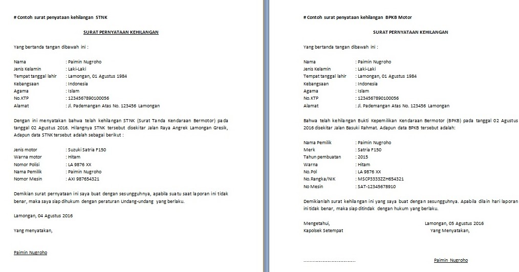 Contoh Surat Pernyataan Kehilangan Bukti Pembayaran Surat Permohonan