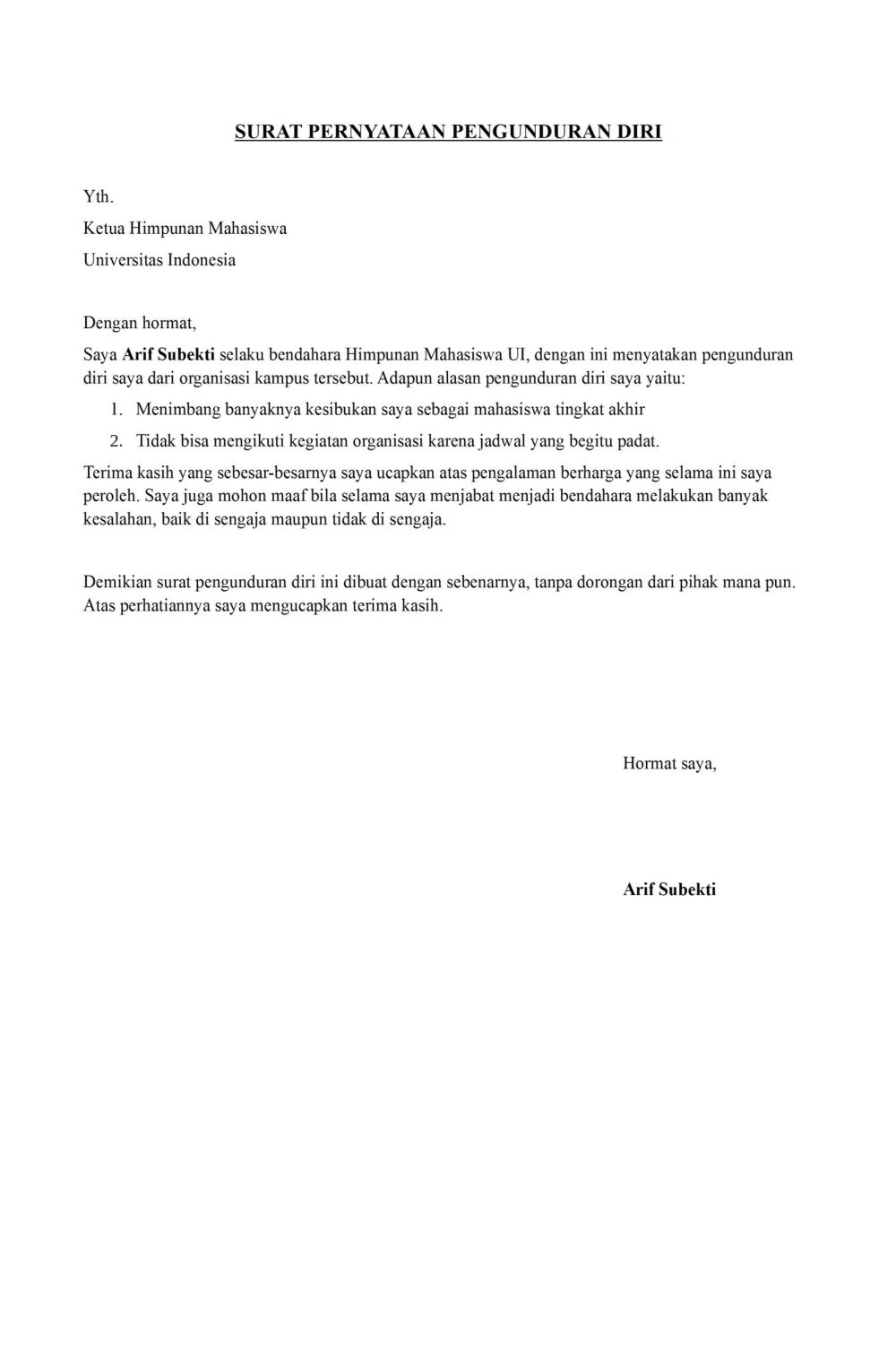 Contoh Surat Pengunduran Diri Hmi
