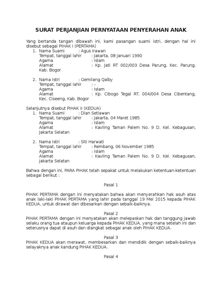 Contoh Surat Perjanjian Mengambil Anak Angkat Kumpulan Contoh Surat Dan Soal Terlengkap