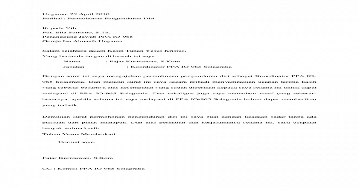 Contoh Surat Pengunduran Diri Dari Pelayanan Gereja