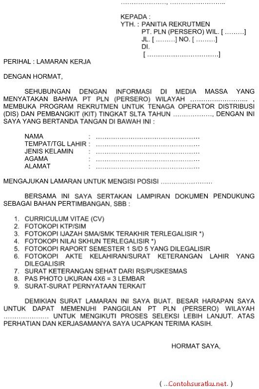 Contoh Surat Lamaran Pln