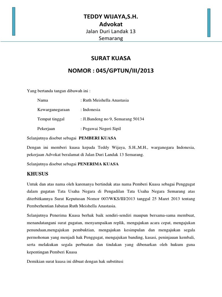 Contoh Surat Kuasa Tergugat Peradilan Tata Usaha Negara - Kumpulan ...