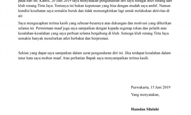 Contoh Surat Pengunduran Diri Dari Klub Badminton