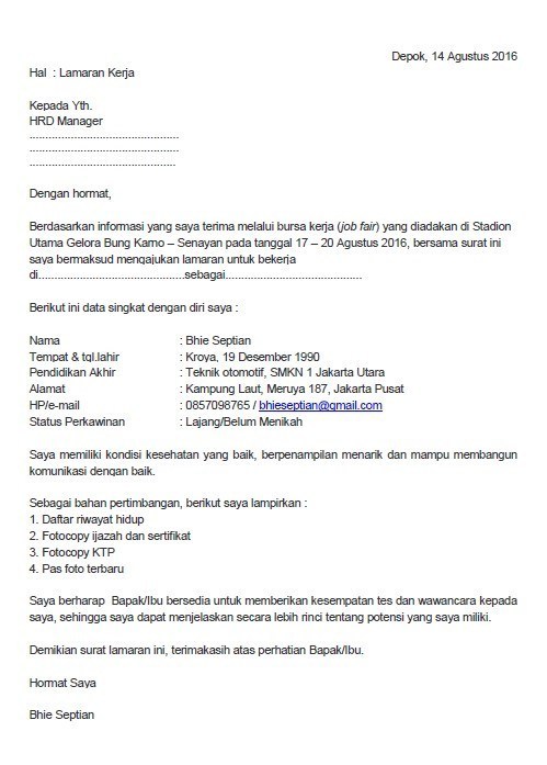 Contoh Surat Lamaran Lewat Job Fair