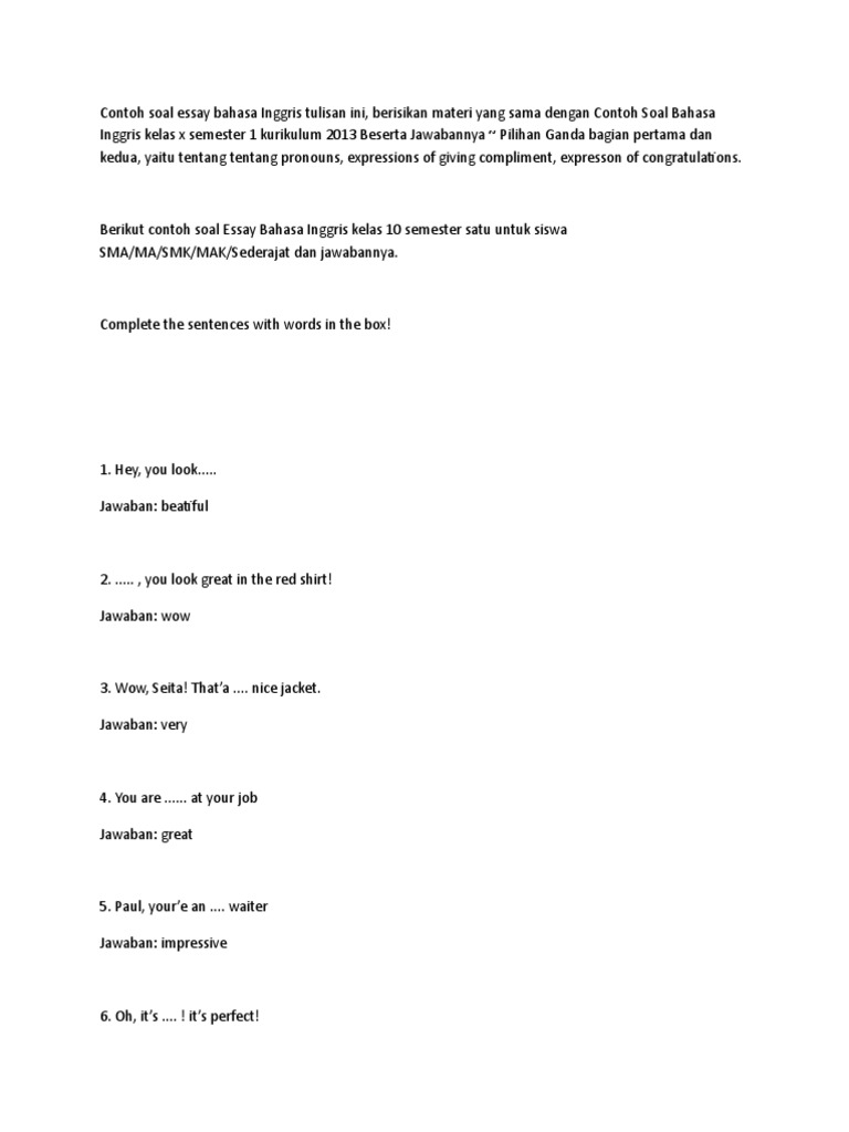 Soal Essay Bahasa Inggris Kelas 12 Beserta Jawaban - Kumpulan Contoh