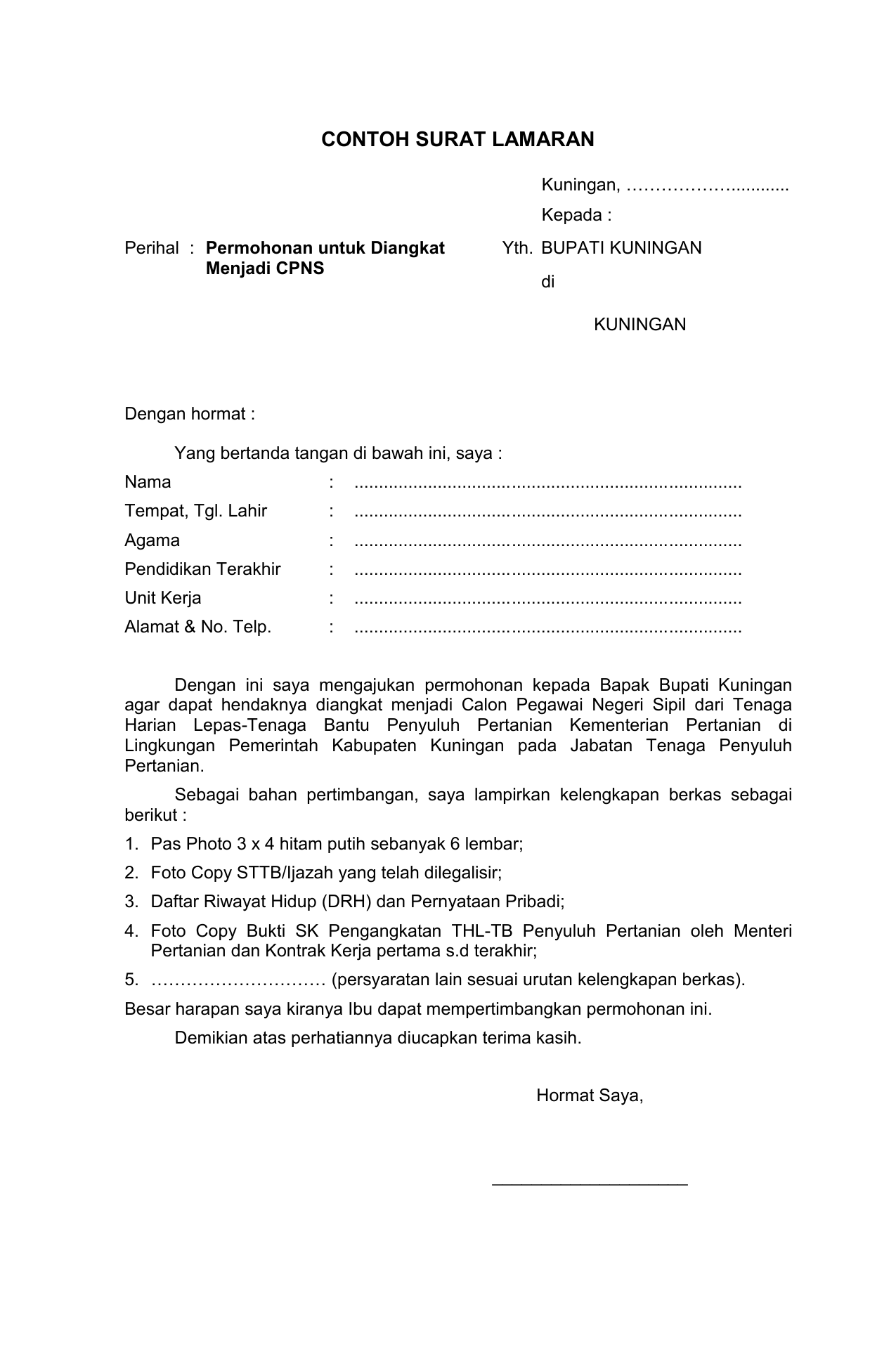 Contoh Surat Lamaran Untuk Cpns Pertanian - Kumpulan Contoh Surat dan