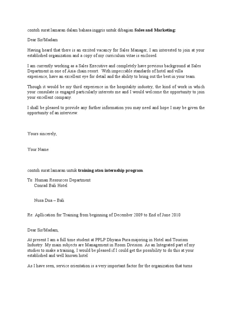 Contoh Surat Lamaran Kerja Di Villa Bahasa Inggris