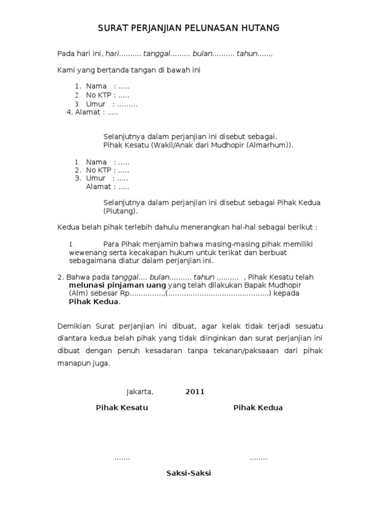 Kumpulan Contoh Surat Pernyataan Hutang Telah Lunas Kumpulan Contoh Surat Perjanjian