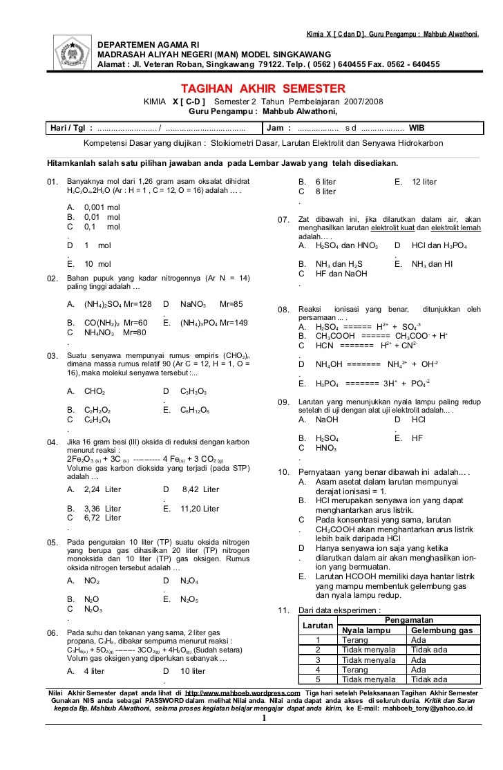 Soal Dan Jawaban Kimia Kelas X Semester 1 - Kumpulan Contoh Surat dan